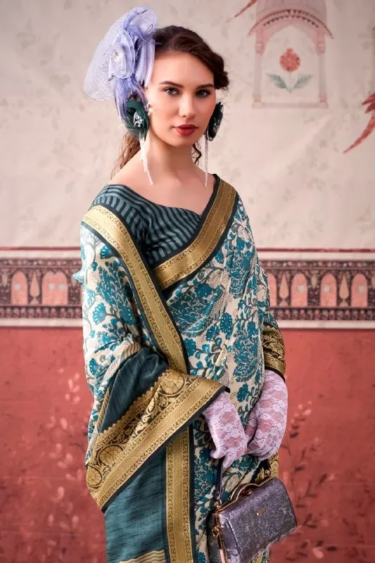 Sea Blue Tasar Silk Floral Printed Saree with Border