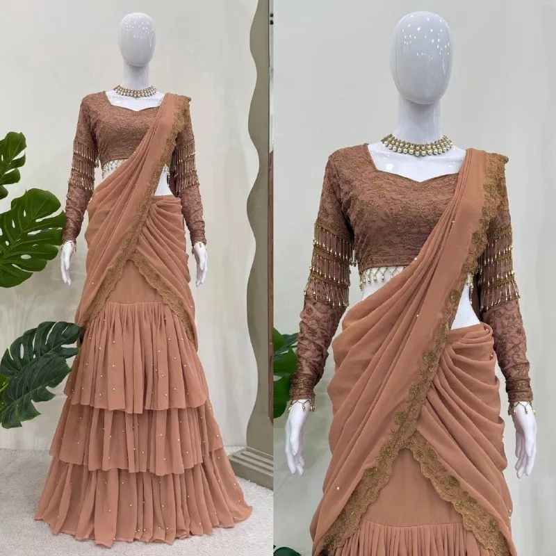 Trending Brown Lehenga Saree For Girls