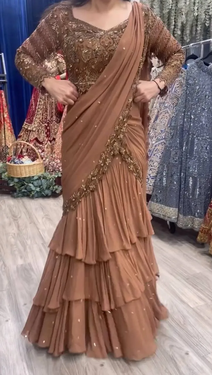 Trending Brown Lehenga Saree for Girls ready to wear ruffle pattern georgette party wear designer lehenga saree with embroidered blouse
