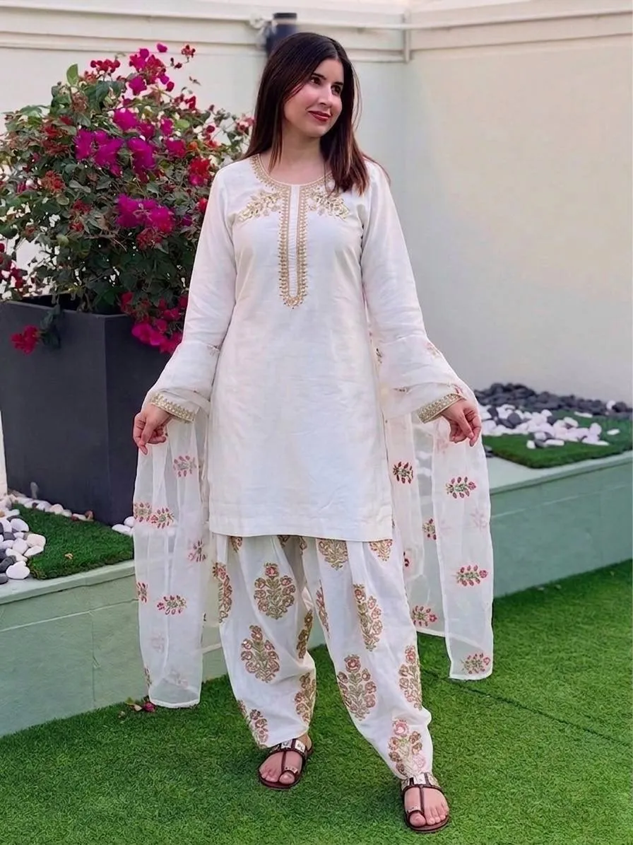 White Farsi Salwar Suit with Multi Color Embroidery