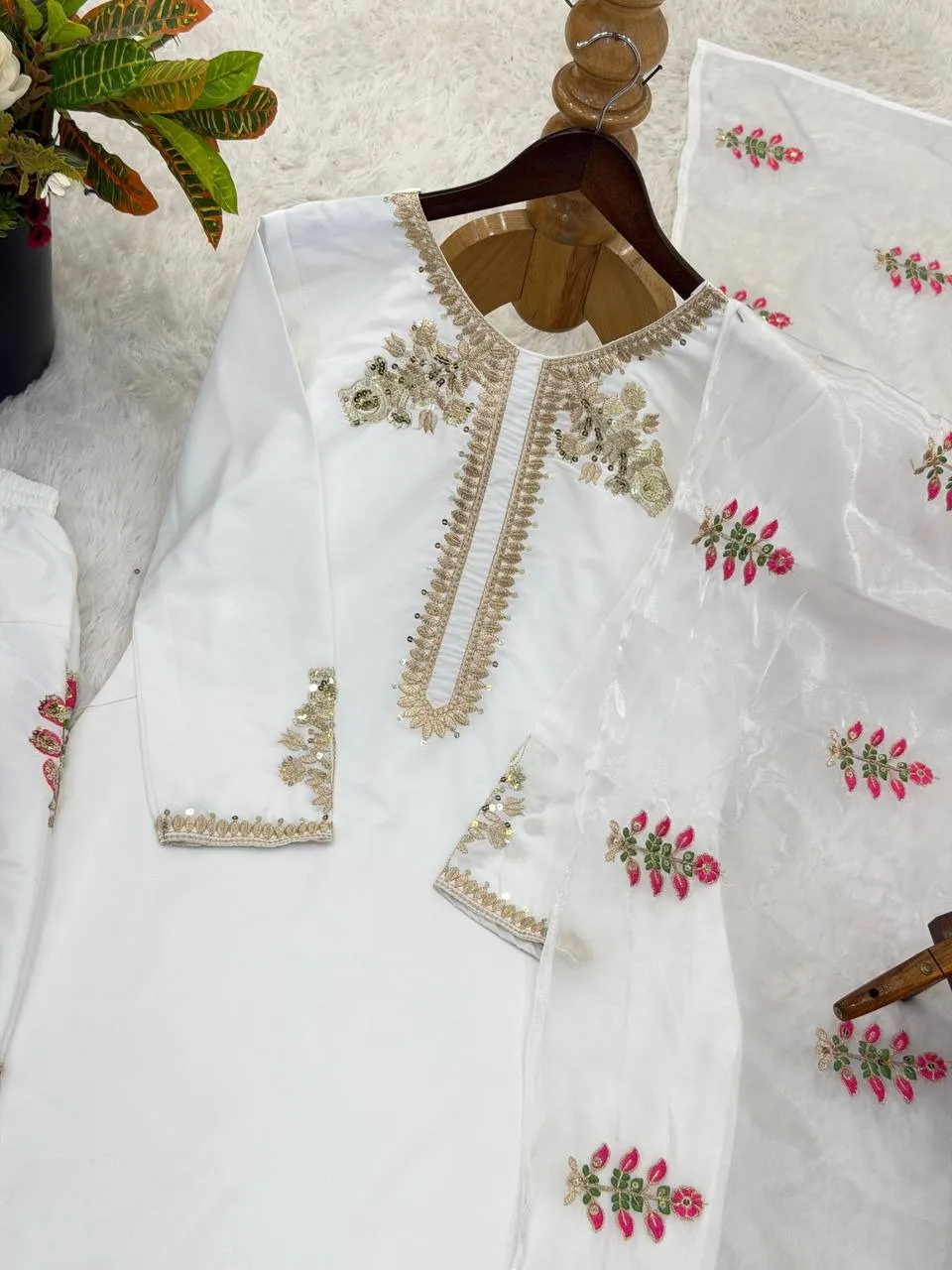 White Farsi Salwar Suit with Multi Color Embroidery