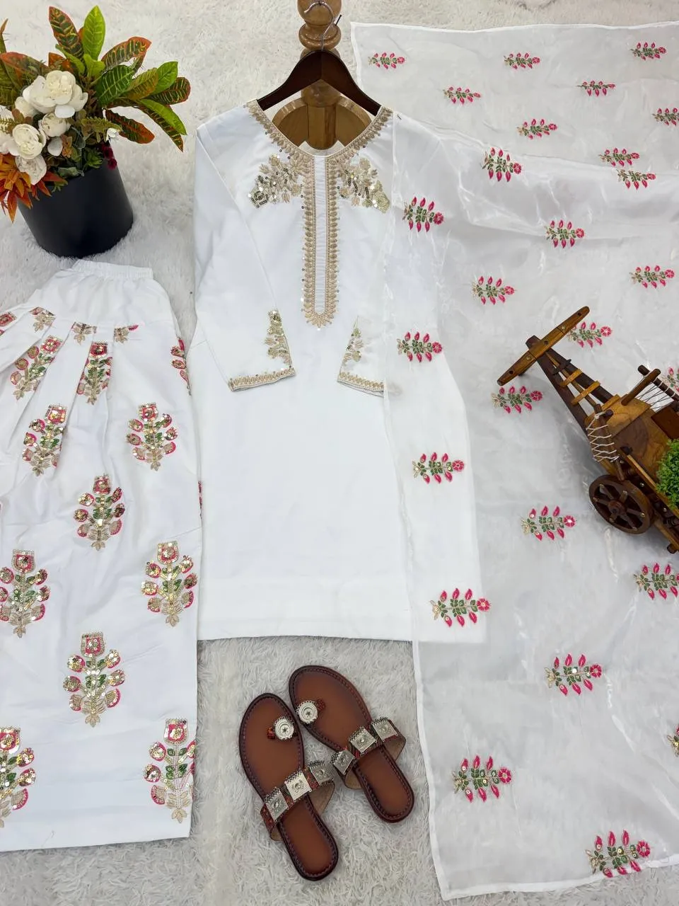 White Farsi Salwar Suit with Multi Color Embroidery