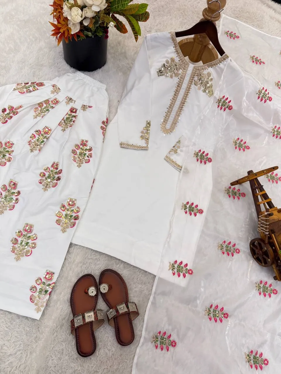 White Farsi Salwar Suit with Multi Color Embroidery