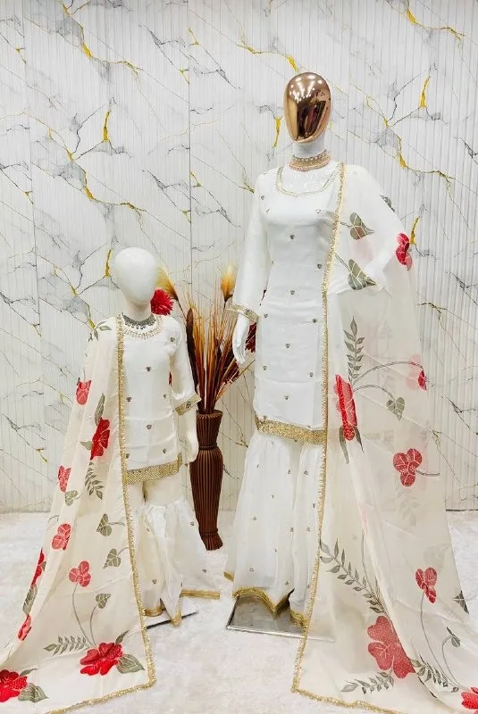 White Mother Daughter Combo Salwar Suit for Wedding