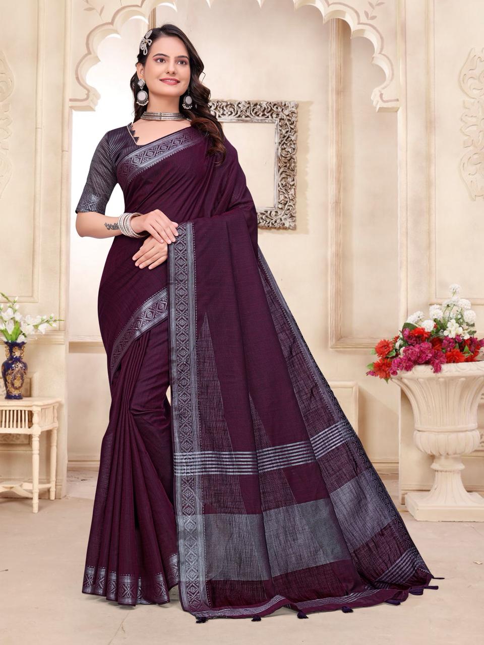 Purple Linen Couple Combo Saree with Kurta Set