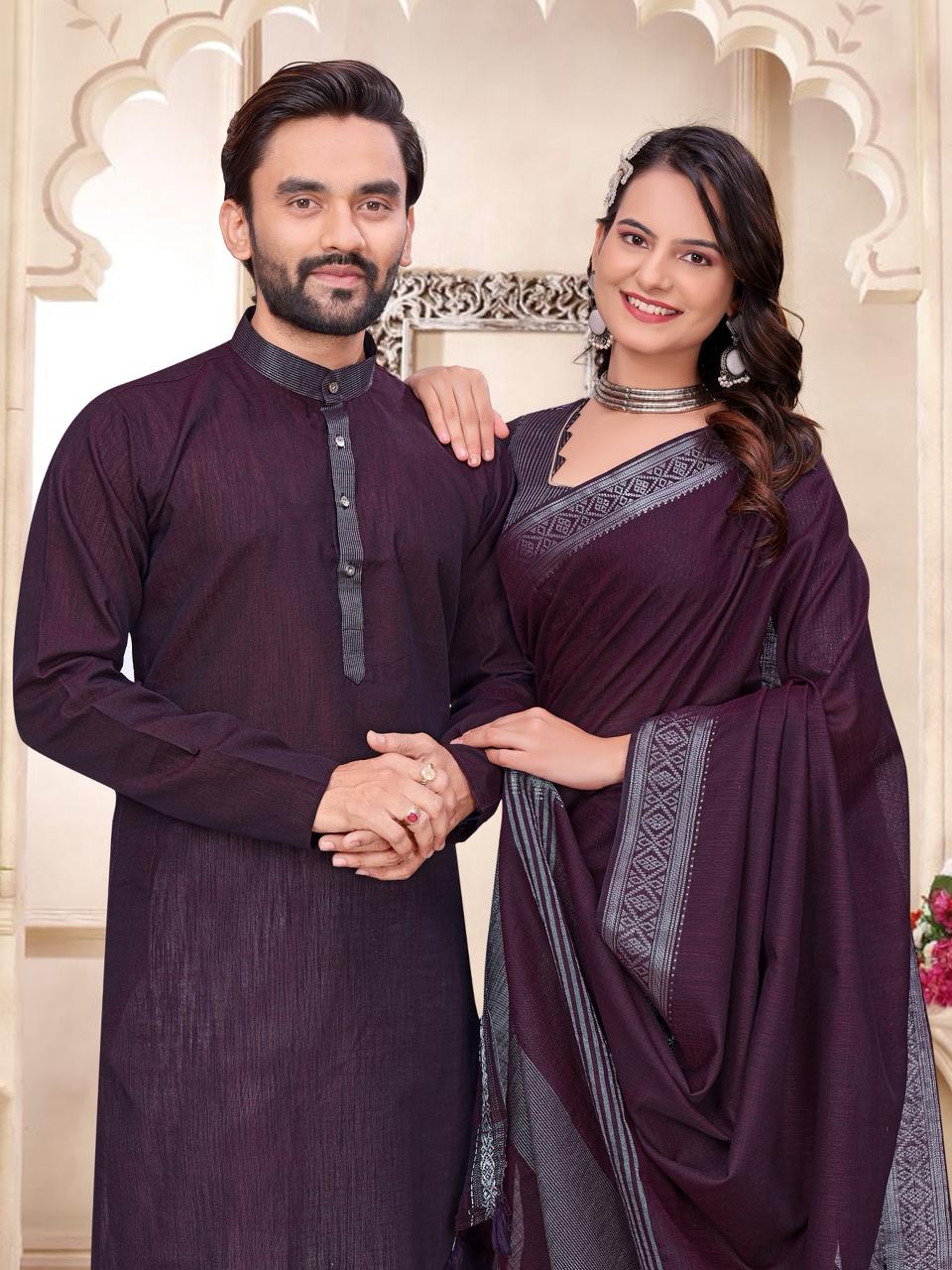 Purple Linen Couple Combo Saree with Kurta Set