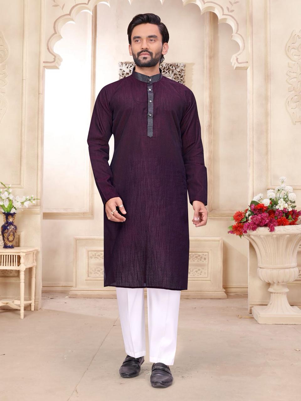 Purple Linen Couple Combo Saree with Kurta Set