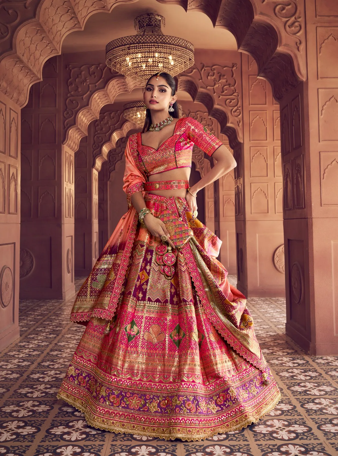 Banarasi Silk Bridal Lehenga for Wedding with Swarovski Embroidery and Zari Weaving Work for Bridal Wear