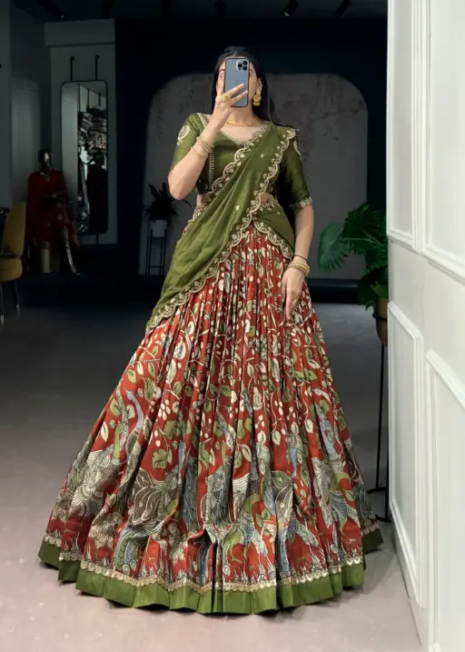 Beautiful Kalamkari Printed Lehenga Choli For Haldi