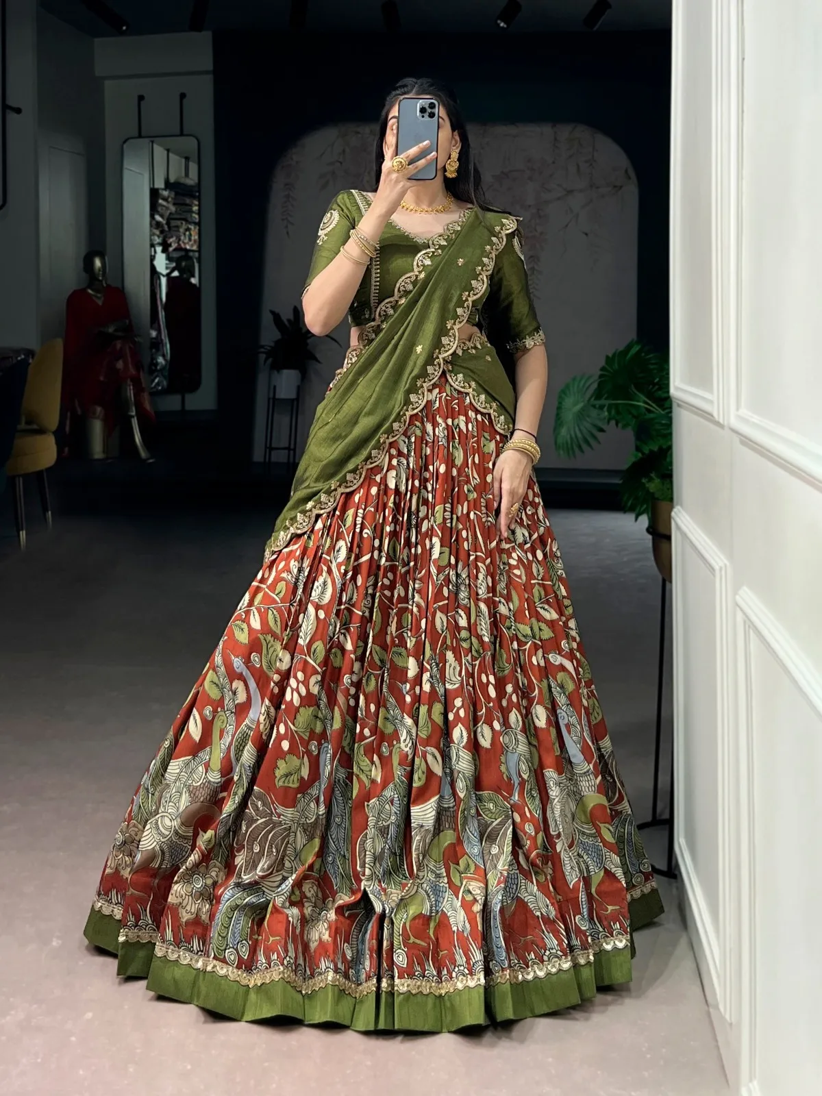 Beautiful Kalamkari Printed Lehenga Choli For Haldi