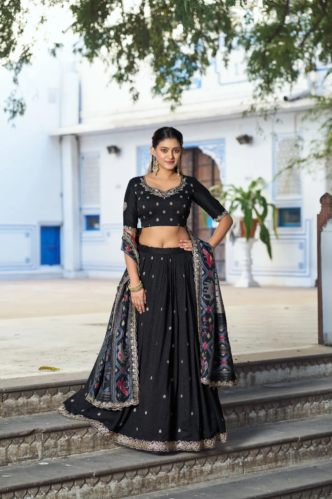 Black Designer Lehenga Choli with Ikkat Printed Dupatta