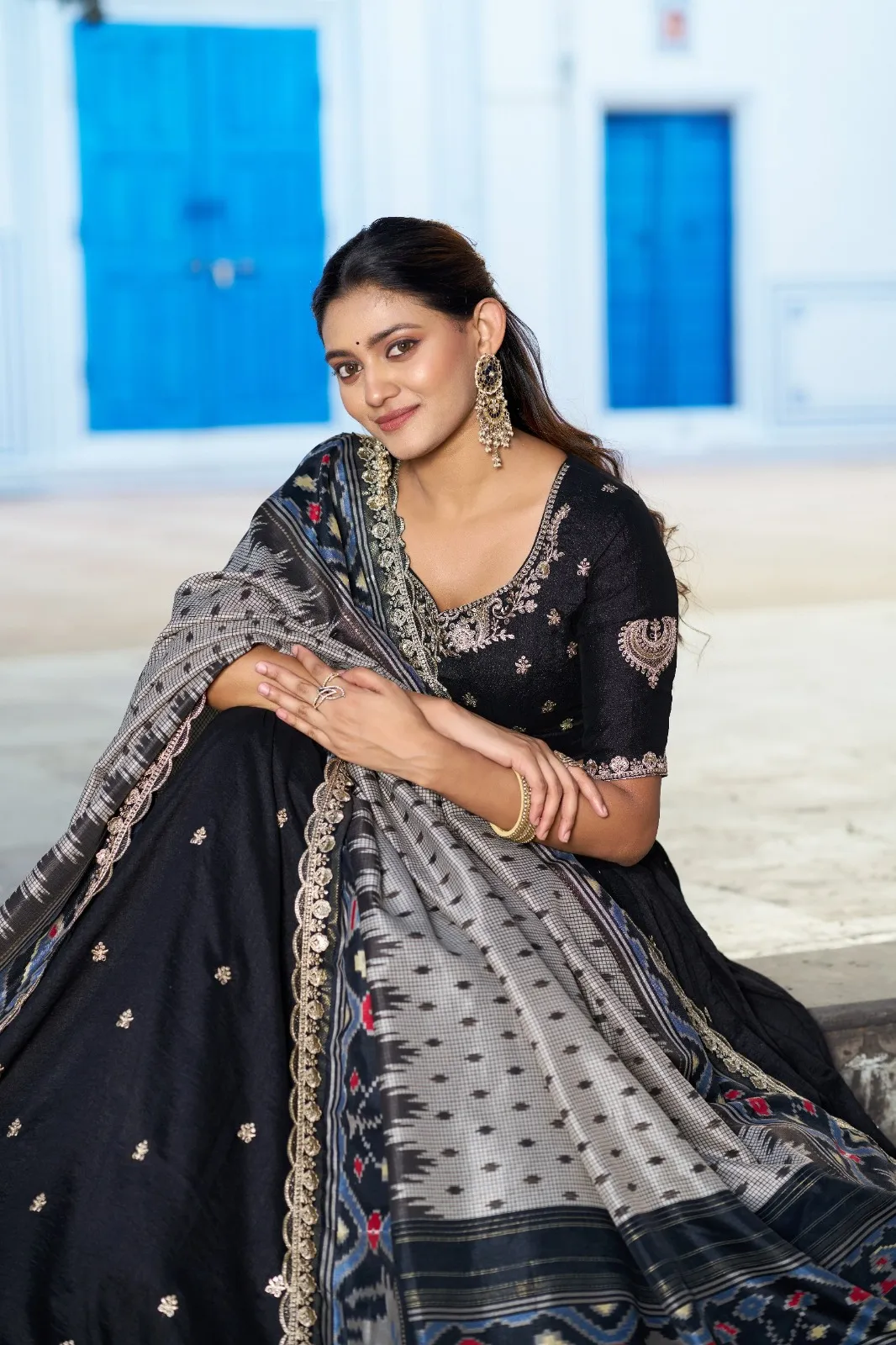 Black Designer Lehenga Choli with Ikkat Printed Dupatta