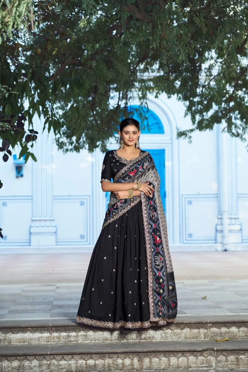 Black Designer Lehenga Choli with Ikkat Printed Dupatta