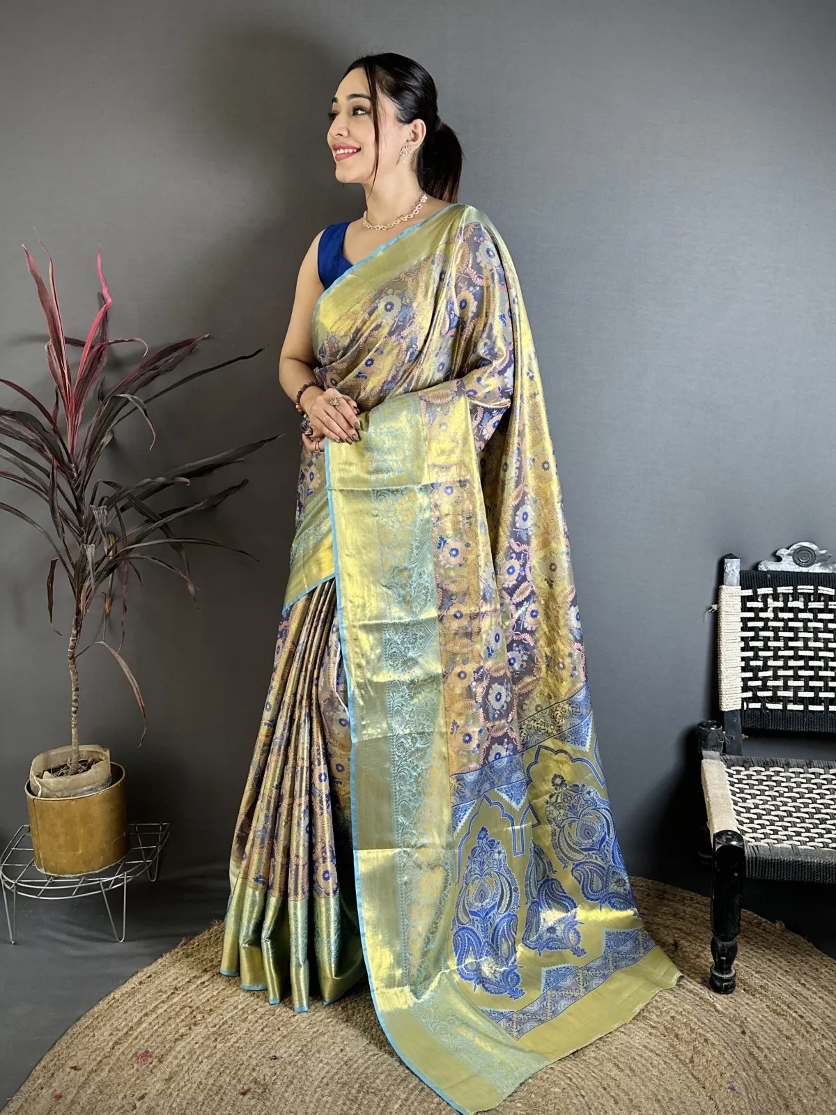 Blue Kanjivaram Silk Zari Border Saree for Girls