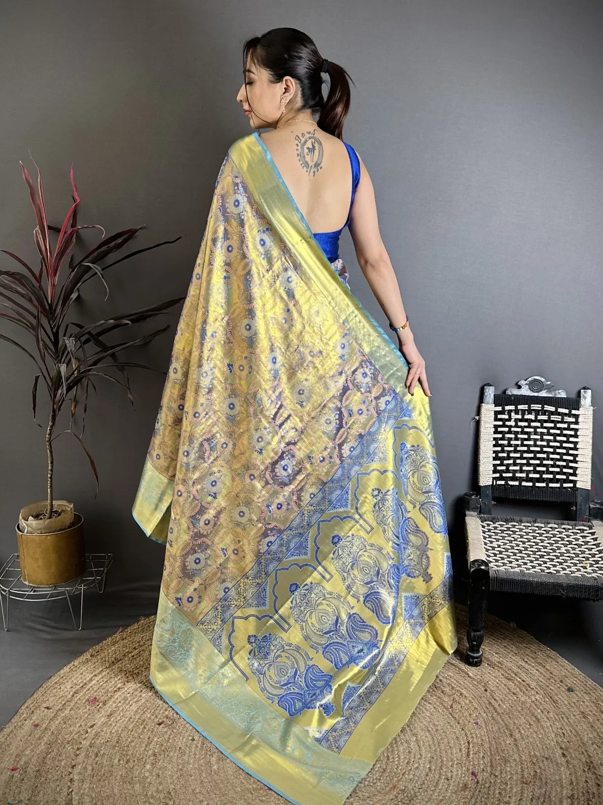 Blue Kanjivaram Silk Zari Border Saree for Girls