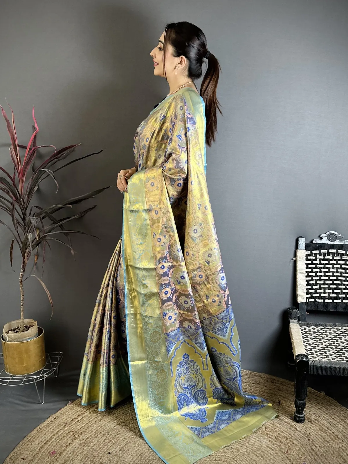 Blue Kanjivaram Silk Zari Border Saree for Girls