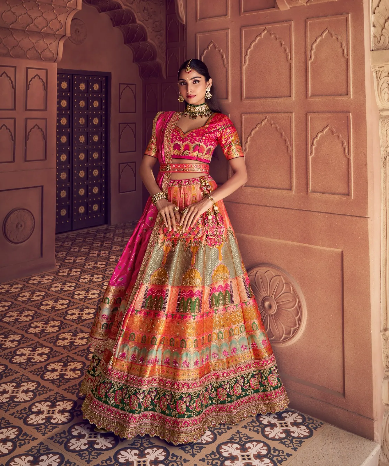 Bridal Silk Wedding Lehenga Design for Girls with Banarasi Silk Embroidery and Swarovski Work for Wedding Wear