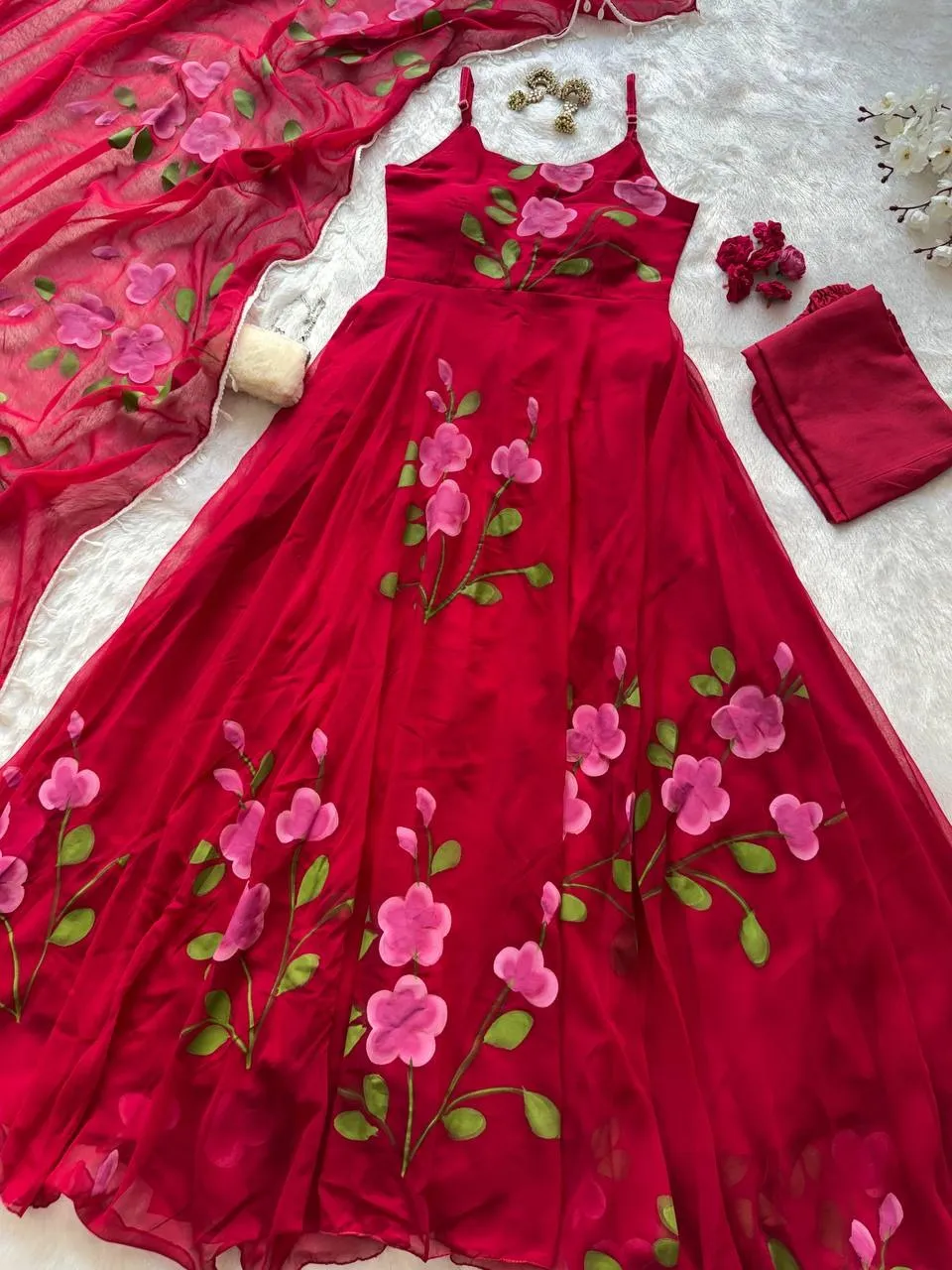 Cherry Red Floral Sleeveless Anarkali Gown