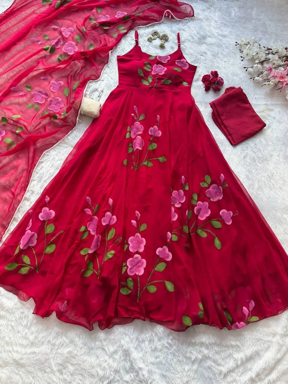 Cherry Red Floral Sleeveless Anarkali Gown