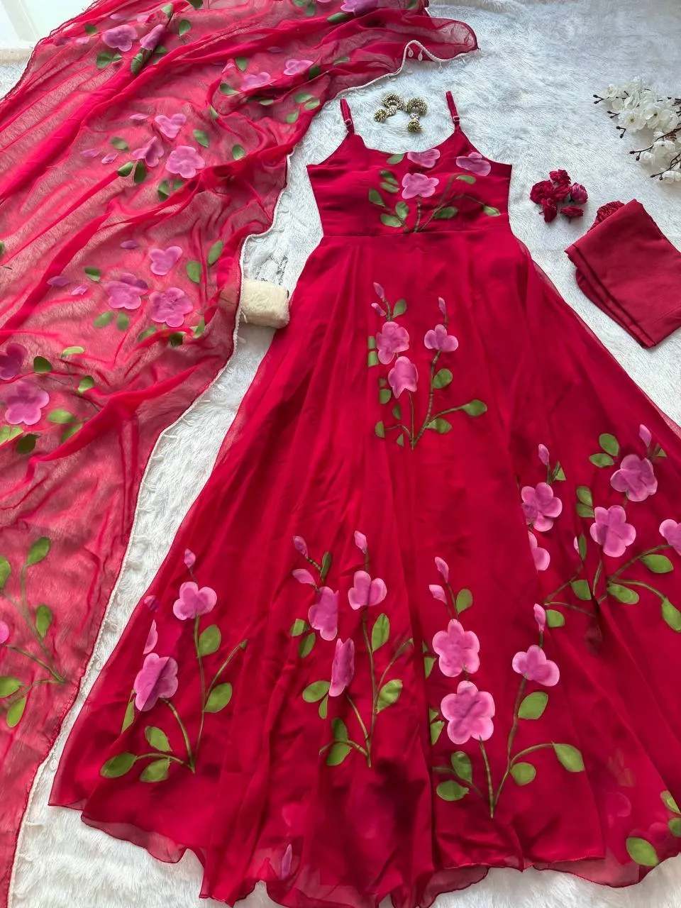 Cherry Red Floral Sleeveless Anarkali Gown