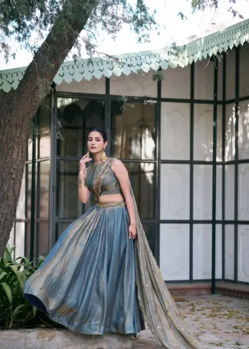 Dusty Blue Fendi Embroidered Lehenga Choli for Wedding Wear