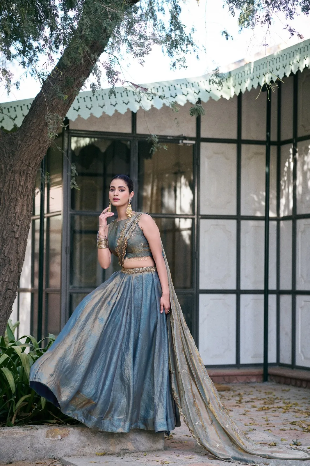 Dusty Blue Fendi Embroidered Lehenga Choli for Wedding Wear