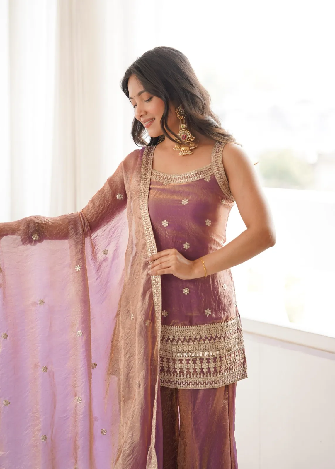 Dusty Pink Sleeveless Kurta with Bell Bottom for Girls