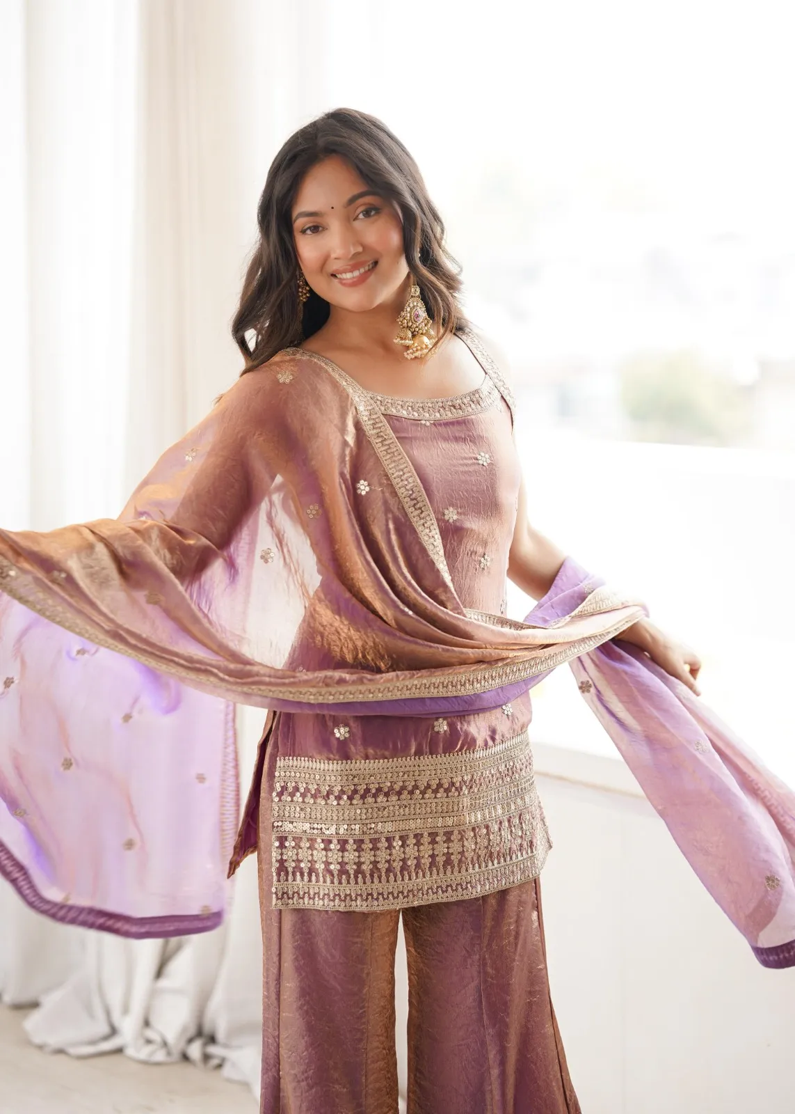 Dusty Pink Sleeveless Kurta with Bell Bottom for Girls