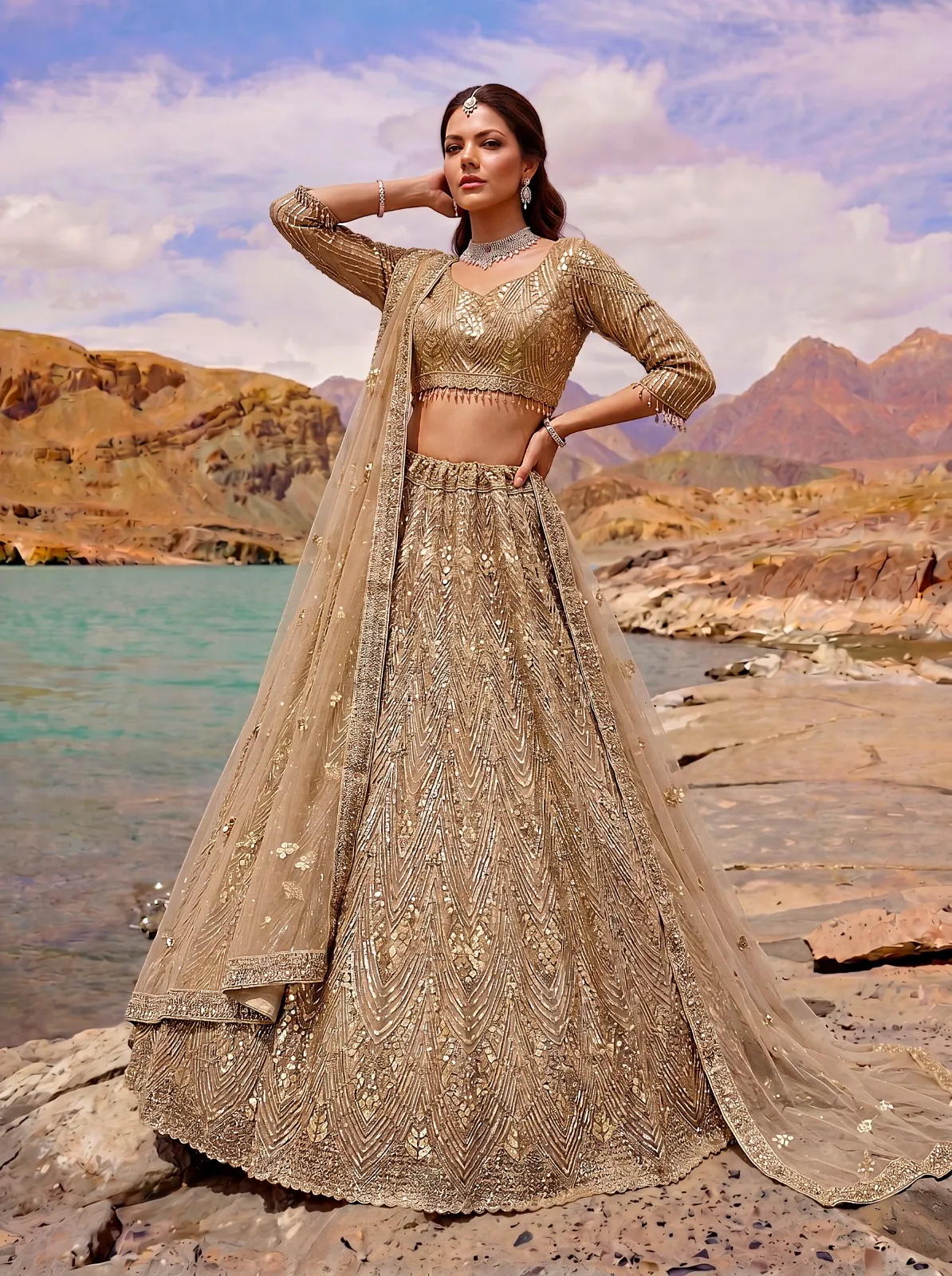 Golden Color Bridal net Bridesmaid Lehenga Blouse