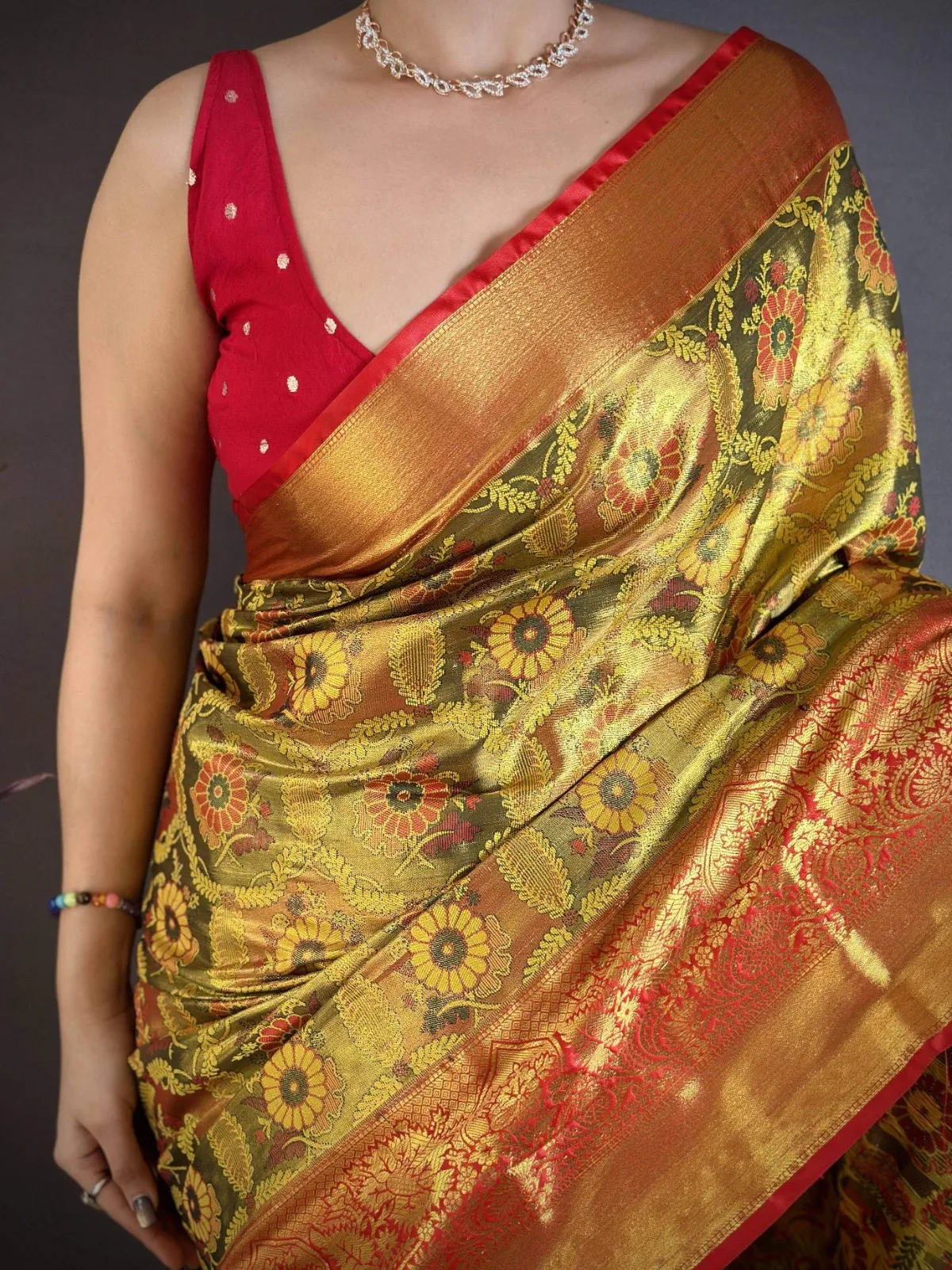 Golden Traditional Kanjivaram Silk Saree for Women