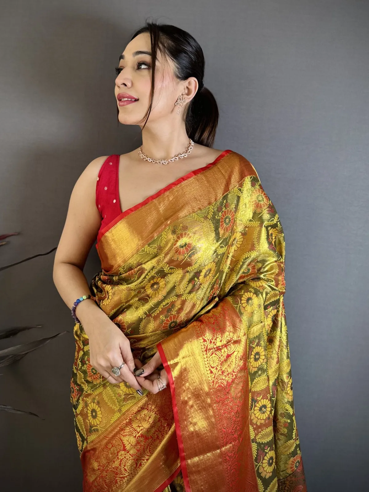 Golden Traditional Kanjivaram Silk Saree for Women