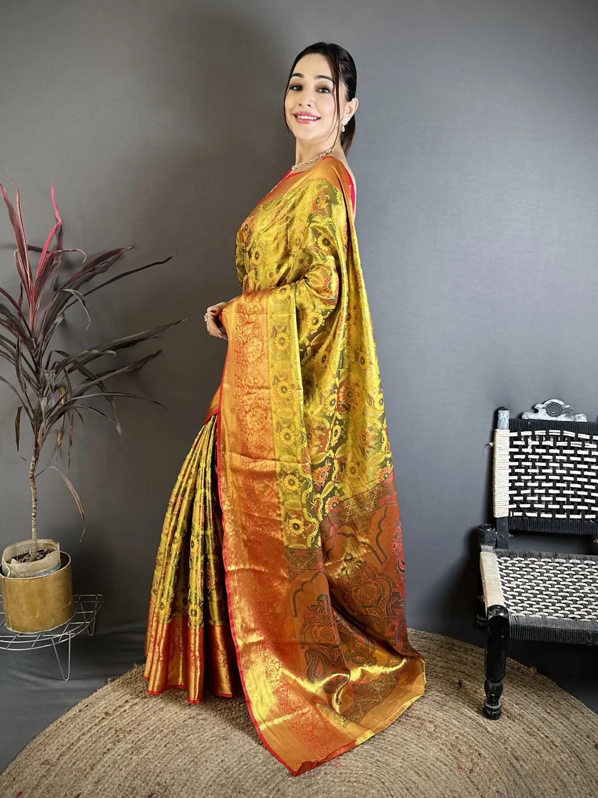 Golden Traditional Kanjivaram Silk Saree for Women