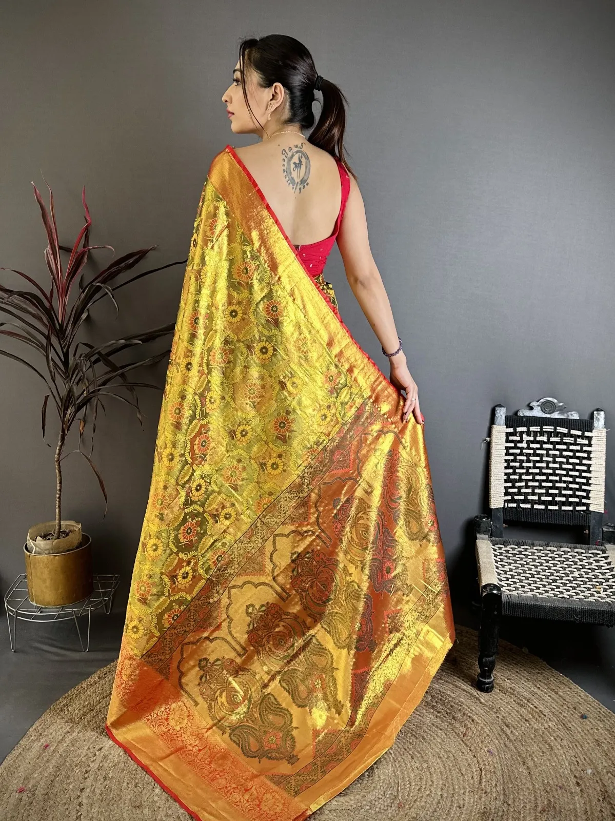 Golden Traditional Kanjivaram Silk Saree for Women