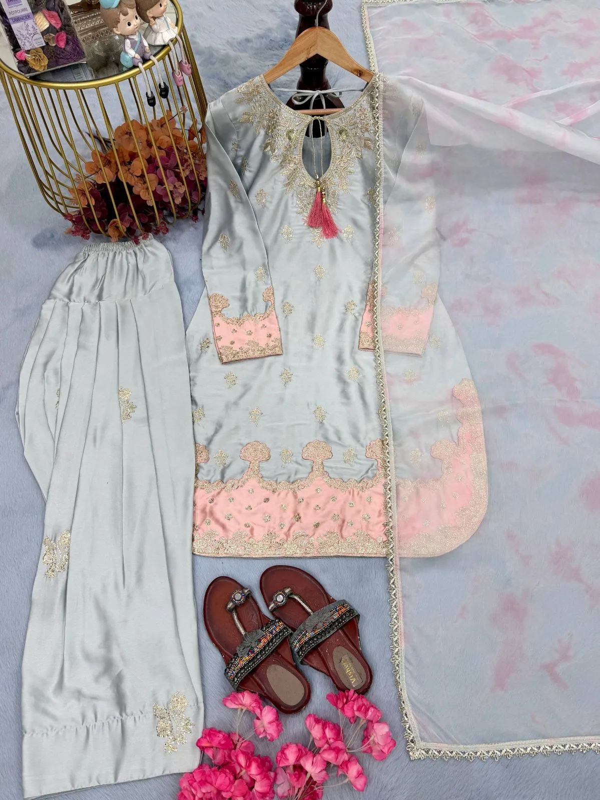 Gray Color Pakistani Style Farsi Salwar Suit