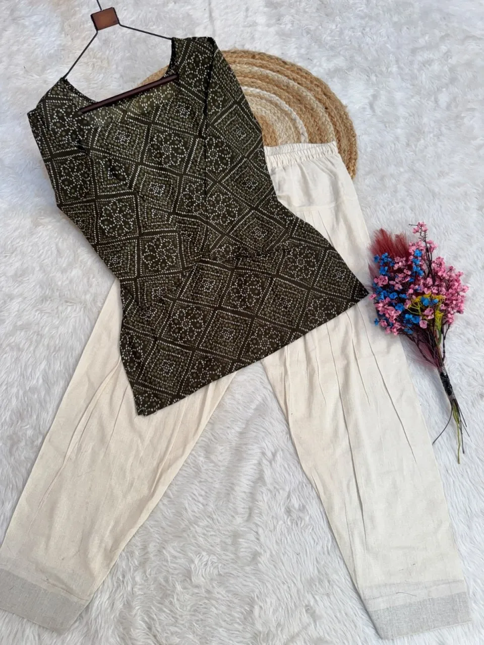 Green Color Bandhej Printed kurti with Bottom