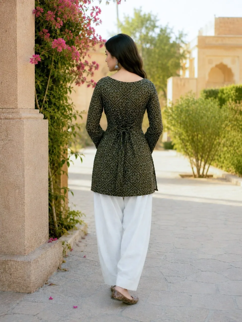 Green Color Bandhej Printed kurti with Bottom