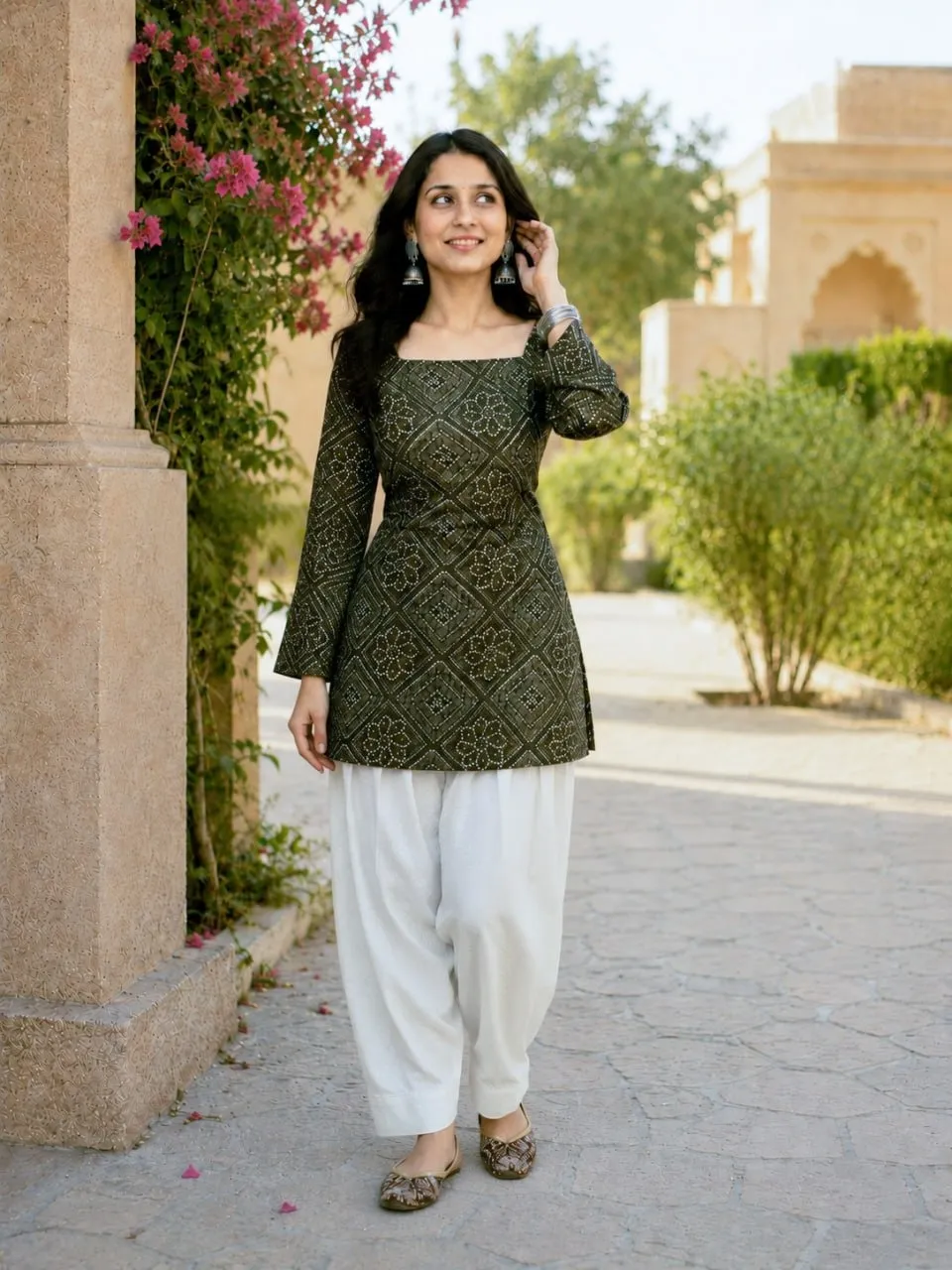 Green Color Bandhej Printed kurti with Bottom
