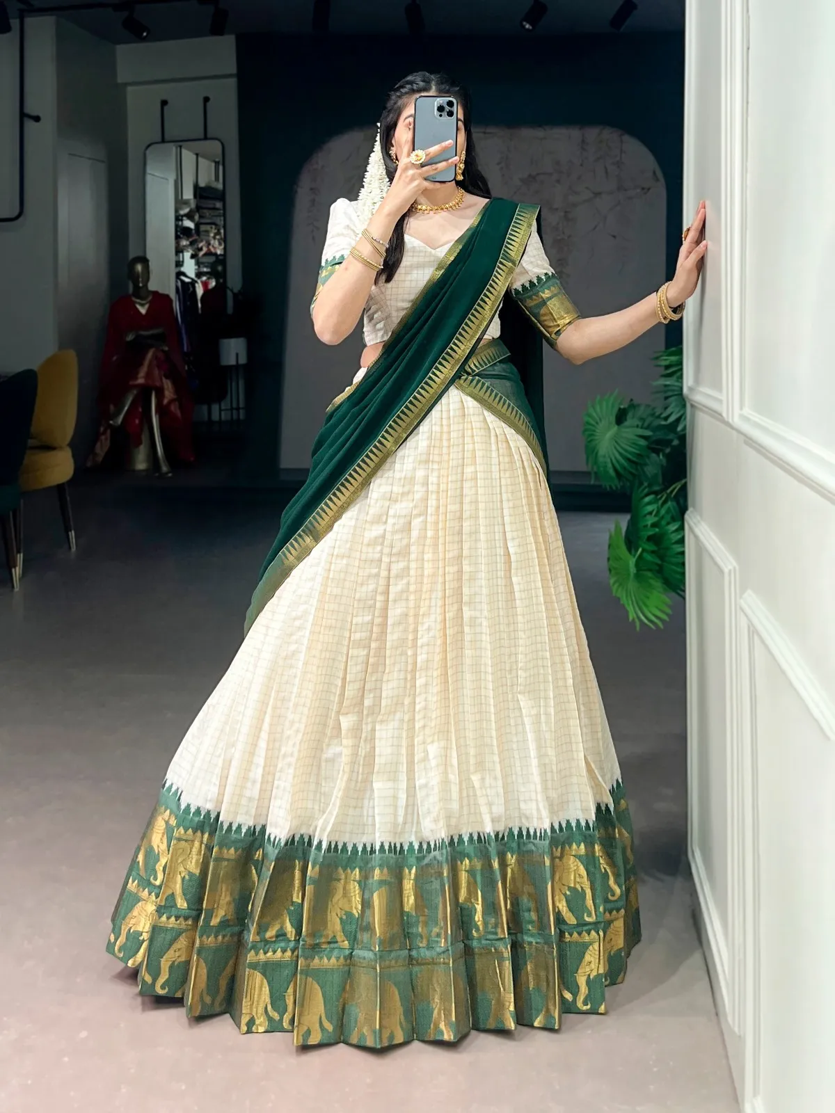 Green Color Half Saree Pattu Lehenga