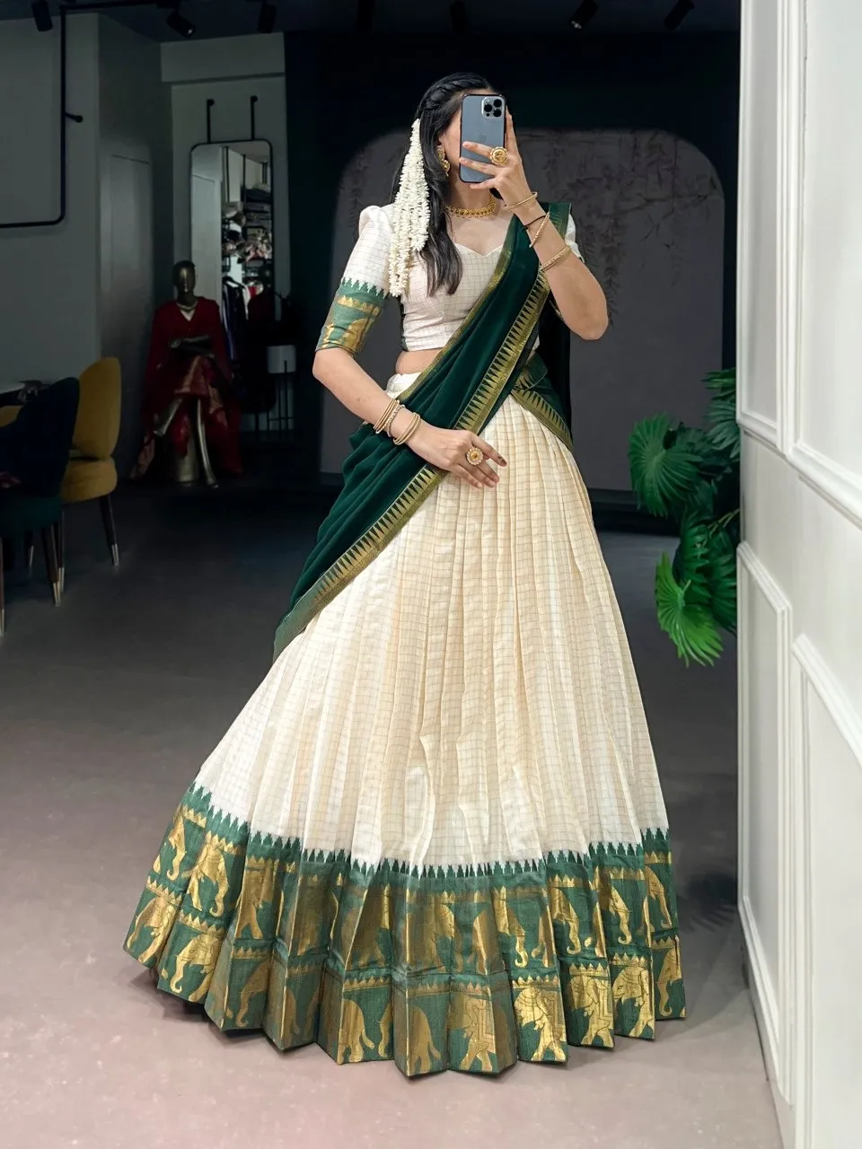 Green Color Half Saree Pattu Lehenga