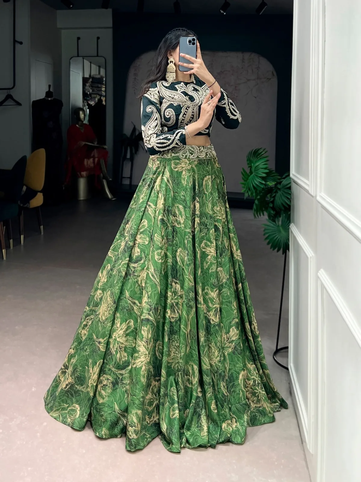 Green Floral Lehenga with Embroidery Blouse