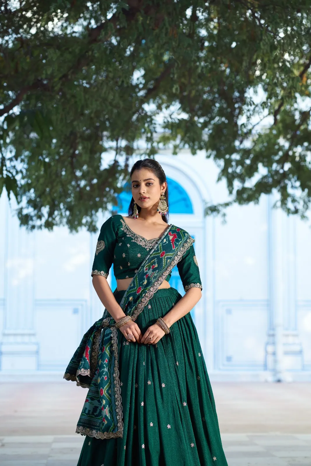Green Premium Lehenga Choli with Ikkat Dupatta