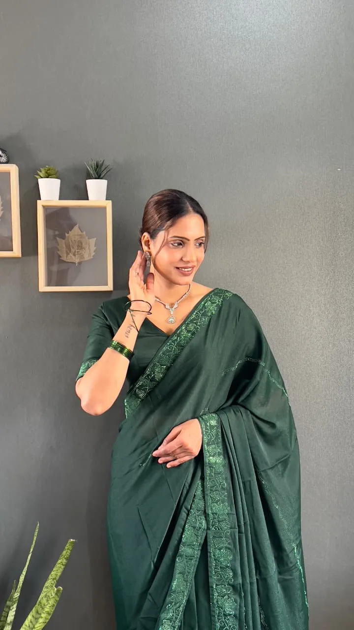 Green Ready To Wear Swarovski Party Saree
