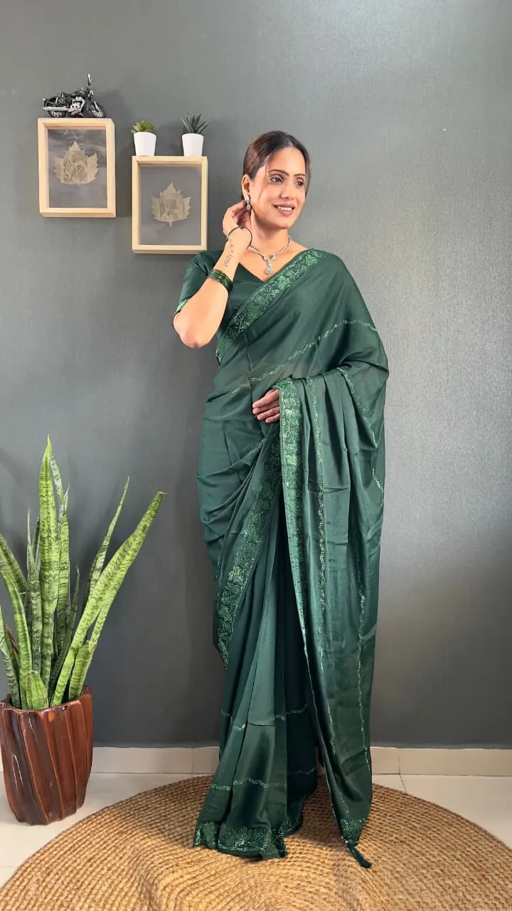 Green Ready To Wear Swarovski Party Saree