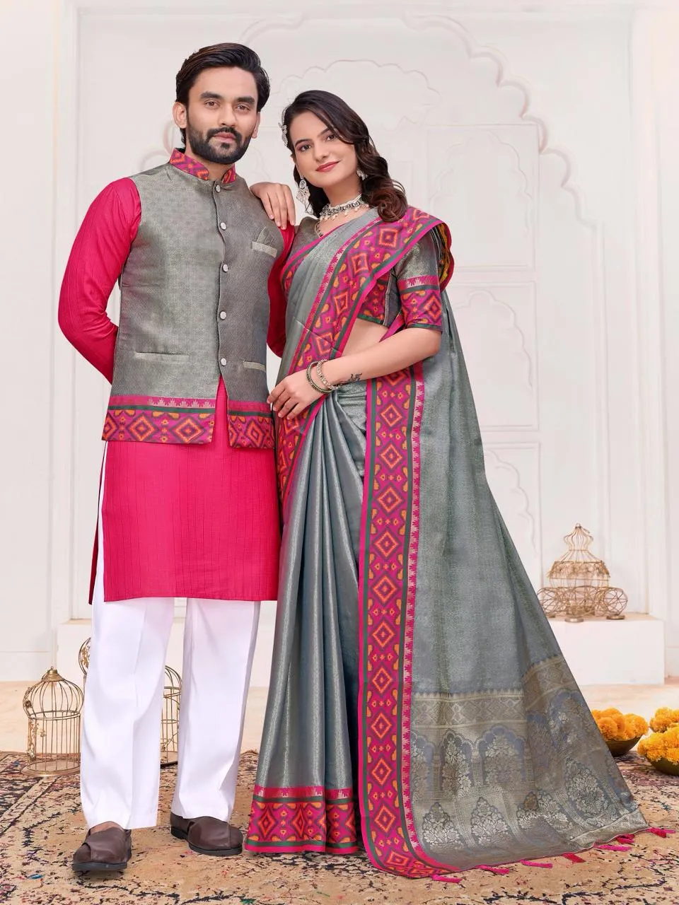 Grey Couple Combo unstitched Silk saree with kurta set matching festive ethnic wear for couples