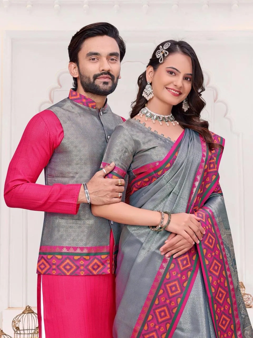 Grey Couple Combo Silk Saree with Kurta Set