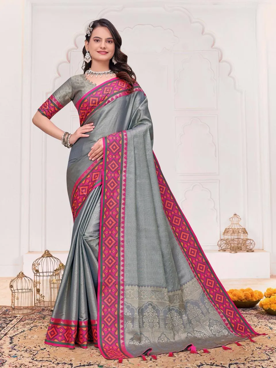 Grey Couple Combo Silk Saree with Kurta Set