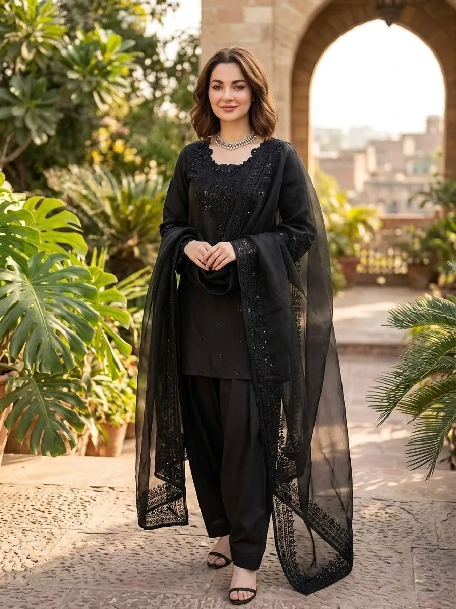 Hania Amir Inspired Black Farsi Salwar Suit
