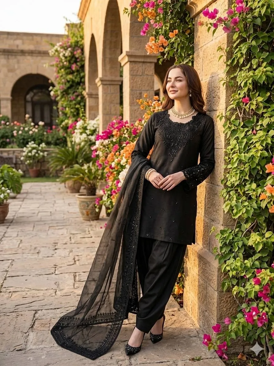 Hania Amir Inspired Black Farsi Salwar Suit