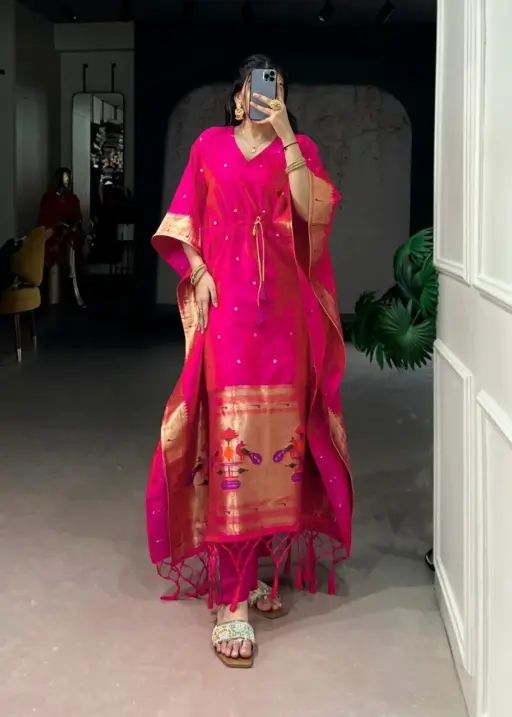 Hot Pink Jacquard Paithani Kaftan for Women with zari weaving work stylish ethnic wear
