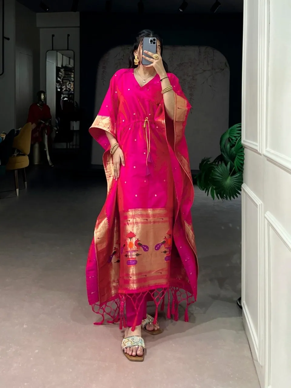 Hot Pink Jacquard Paithani Kaftan for Women with zari weaving work stylish ethnic wear